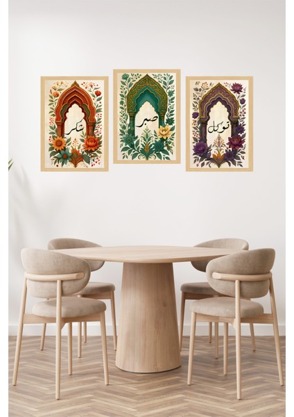 🌸 Sabır • Şükür • Tevekkül Yazılı 3'lü Tablo Seti – Çerçeve Görünümlü 🌿 CRVS1231 13 x 17 fiyatları