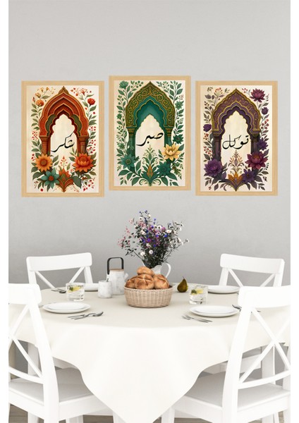 🌸 Sabır • Şükür • Tevekkül Yazılı 3'lü Tablo Seti – Çerçeve Görünümlü 🌿 CRVS1231 13 x 17 indirimleri