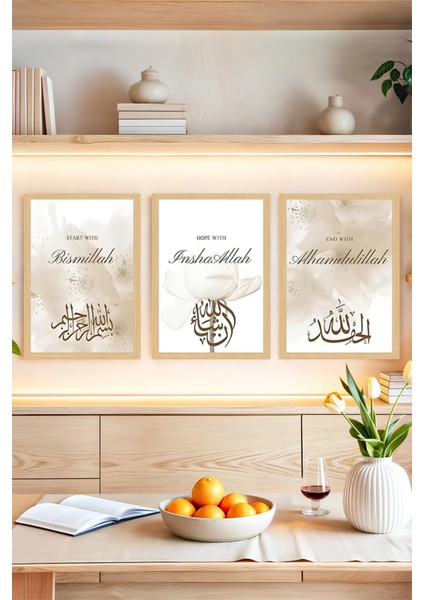 🖼️ Manevi Mesajlı Bismillah, Inshaallah, Alhamdulillah 3’lü Tablo Seti (Çerçeve Efektli)🌟 CRVS1204 13 x 17