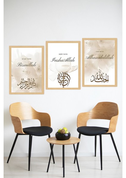 🖼️ Manevi Mesajlı Bismillah, Inshaallah, Alhamdulillah 3’lü Tablo Seti (Çerçeve Efektli)🌟 CRVS1204 13 x 17 modelleri