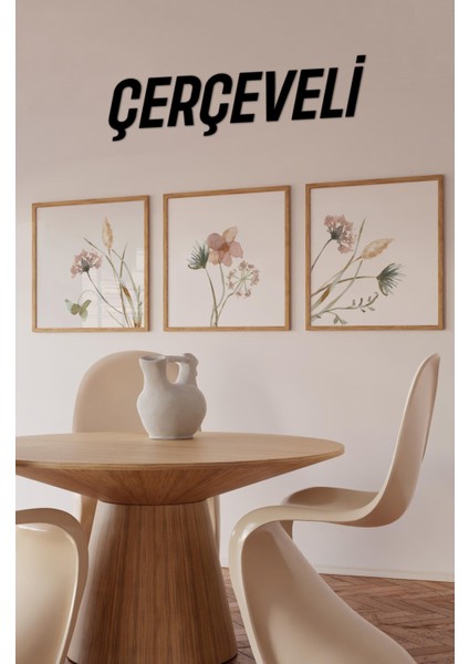 🌸 Doğal Çiçek Desenli 3’lü Tablo Seti | Çam Çerçeve Mdf Uv Baskı Varyantlı KR4042 23 x 23
