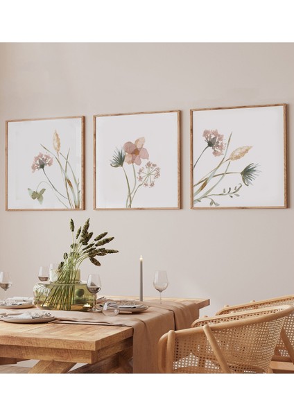 🌸 Doğal Çiçek Desenli 3’lü Tablo Seti | Çam Çerçeve Mdf Uv Baskı Varyantlı KR4042 23 x 23 fiyatları