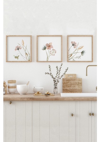 🌸 Doğal Çiçek Desenli 3’lü Tablo Seti | Çam Çerçeve Mdf Uv Baskı Varyantlı KR4042 23 x 23 fırsatları