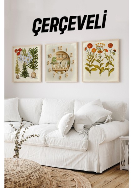 "3’lü Çerçeveli Botanik Duvar Tablosu ve Saat Seti – Ahşap Görünümlü, Uv Baskı" 23 x 23