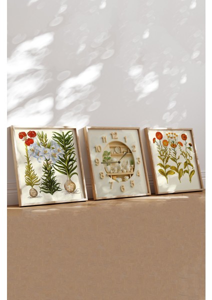 "3’lü Çerçeveli Botanik Duvar Tablosu ve Saat Seti – Ahşap Görünümlü, Uv Baskı" 23 x 23 fiyatları