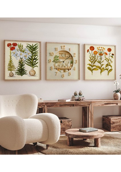 "3’lü Çerçeveli Botanik Duvar Tablosu ve Saat Seti – Ahşap Görünümlü, Uv Baskı" 23 x 23 modelleri