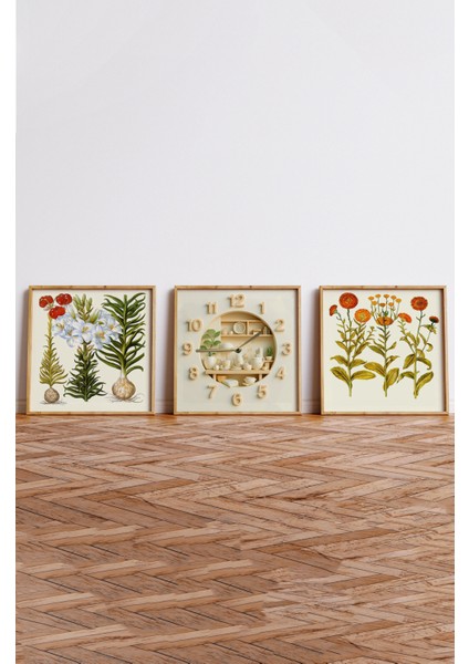 "3’lü Çerçeveli Botanik Duvar Tablosu ve Saat Seti – Ahşap Görünümlü, Uv Baskı" 23 x 23 fırsatları