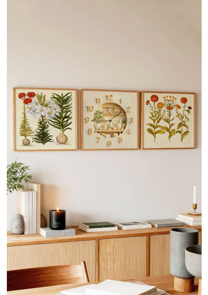 "3’lü Çerçeveli Botanik Duvar Tablosu ve Saat Seti – Ahşap Görünümlü, Uv Baskı" 23 x 23 indirimleri