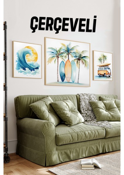 🏄‍♀️ Tropik & Sörf – Dalga – Karavan Temalı 3’lü Mdf Ahşap Tablo Seti (23X23 cm & 42X42 Cm) 4242121 42 cm