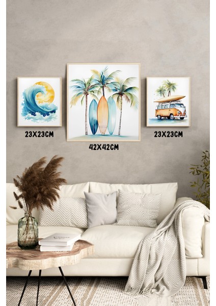 🏄‍♀️ Tropik & Sörf – Dalga – Karavan Temalı 3’lü Mdf Ahşap Tablo Seti (23X23 cm & 42X42 Cm) 4242121 42 cm modelleri