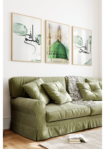 🕋 Mescid-I Nebevi ve Hat Yazılı 3’lü Çerçeveli Tablo Seti 🕋🌿 CRV1196 23 x 32 indirimleri