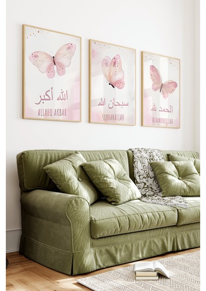 🌸 Pembe Kelebekli Islami Çerçeveli 3'lü Tablo Seti🌸 CRV1078 23 x 32 fiyatları