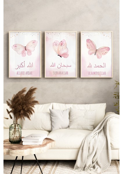 🌸 Pembe Kelebekli Islami Çerçeveli 3'lü Tablo Seti🌸 CRV1078 23 x 32 indirimleri
