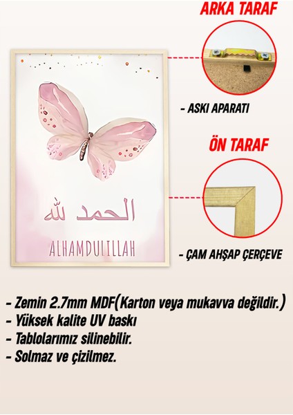 🌸 Pembe Kelebekli Islami Çerçeveli 3'lü Tablo Seti🌸 CRV1078 23 x 32