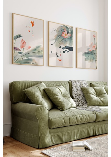 🌸 Japon Esintili Lotus ve Japon Balığı Temalı 3'lü Mdf Çerçeveli Tablo Seti 🌸 CRV1042 32 x 42