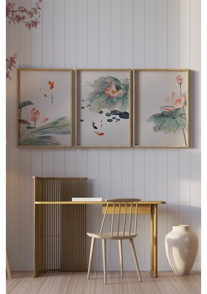 🌸 Japon Esintili Lotus ve Japon Balığı Temalı 3'lü Mdf Çerçeveli Tablo Seti 🌸 CRV1042 32 x 42 fiyatları