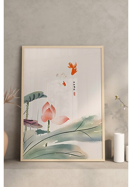 🌸 Japon Esintili Lotus ve Japon Balığı Temalı 3'lü Mdf Çerçeveli Tablo Seti 🌸 CRV1042 32 x 42 modelleri