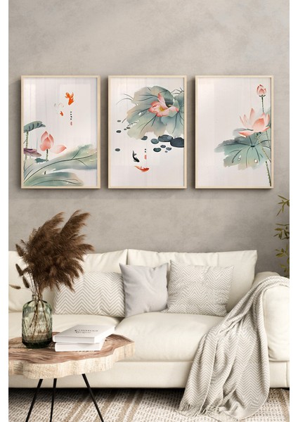 🌸 Japon Esintili Lotus ve Japon Balığı Temalı 3'lü Mdf Çerçeveli Tablo Seti 🌸 CRV1042 32 x 42 fırsatları
