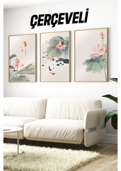 🌸 Japon Esintili Lotus ve Japon Balığı Temalı 3'lü Mdf Çerçeveli Tablo Seti 🌸 CRV1042 32 x 42 indirimleri