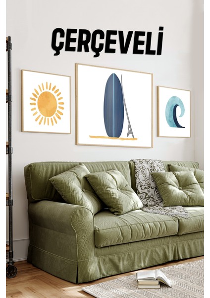 🏄‍♂️ Güneş - Sörf Tahtası - Dalga Temalı 3’lü Mdf Tablo Seti (23X23 cm & 42X42 Cm) 4242118 42 cm