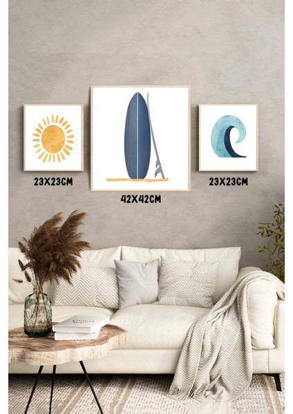 🏄‍♂️ Güneş - Sörf Tahtası - Dalga Temalı 3’lü Mdf Tablo Seti (23X23 cm & 42X42 Cm) 4242118 42 cm modelleri