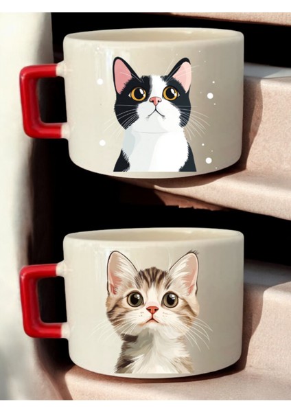 Tatlı Kedi Baskılı 2'li Kahve Fincanı Seramik Kupa - Öğretmenler Günü Hediyesi, Öğretmene Hediye