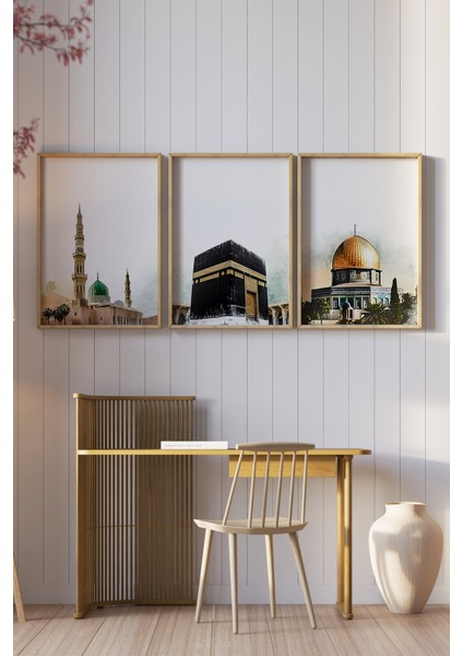 🕋 Kâbe, Mescid-I Nebevi ve Kubbet-Üs-Sahra Temalı 3'lü Tablo Seti 🌙✨🌸 CRV1237 23 x 32 fiyatları