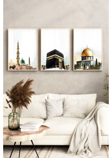 🕋 Kâbe, Mescid-I Nebevi ve Kubbet-Üs-Sahra Temalı 3'lü Tablo Seti 🌙✨🌸 CRV1237 23 x 32 fırsatları