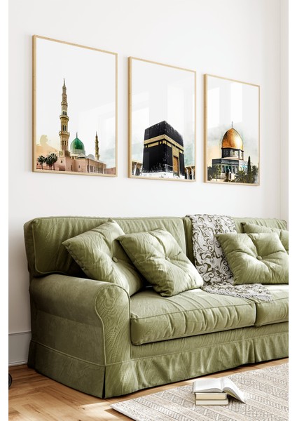🕋 Kâbe, Mescid-I Nebevi ve Kubbet-Üs-Sahra Temalı 3'lü Tablo Seti 🌙✨🌸 CRV1237 23 x 32 indirimleri