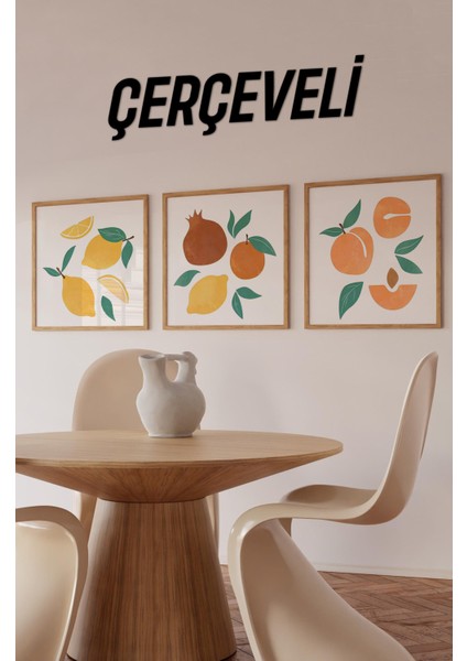 🟠 Meyve Bahçesinden Mutfaklara Neşe – 3'lü Mdf Limon, Nar ve Şeftali Tablo Seti 🍋🍊🍑 KR4061 23 x 23