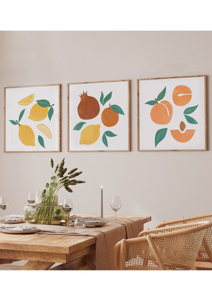 🟠 Meyve Bahçesinden Mutfaklara Neşe – 3'lü Mdf Limon, Nar ve Şeftali Tablo Seti 🍋🍊🍑 KR4061 23 x 23 fiyatları