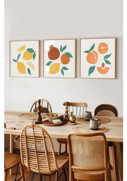 🟠 Meyve Bahçesinden Mutfaklara Neşe – 3'lü Mdf Limon, Nar ve Şeftali Tablo Seti 🍋🍊🍑 KR4061 23 x 23 modelleri