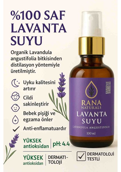 %100 Saf Lavanta Suyu – Organik Lavandula Angustifolia Hidrosol – Yatıştırıcı & Tonik Etkili – 50 ml -100 ml – Rana Naturals