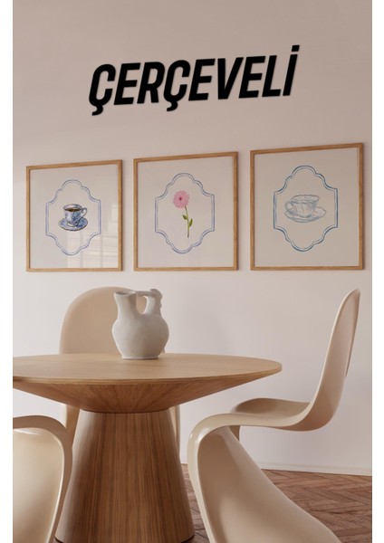 ☕ Çay Fincanı & Çiçek Temalı 3'lü Tablo Seti | Mdf Zeminli – Çam Çerçeveli Varyantlı KR4043 23 x 23