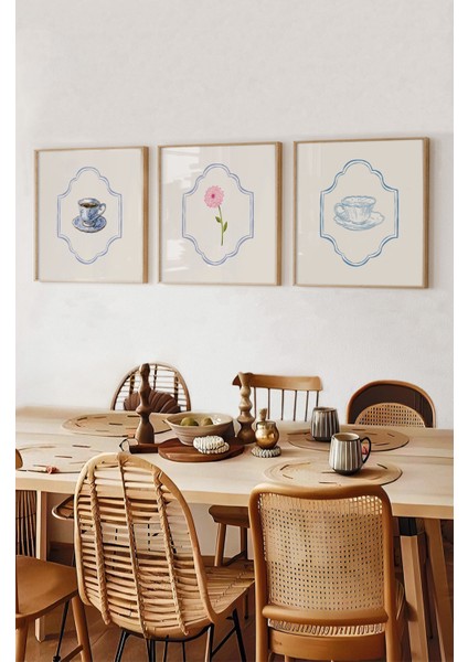 ☕ Çay Fincanı & Çiçek Temalı 3'lü Tablo Seti | Mdf Zeminli – Çam Çerçeveli Varyantlı KR4043 23 x 23 modelleri