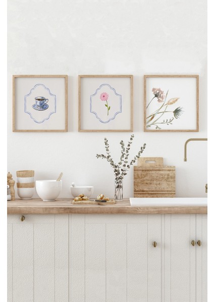 ☕ Çay Fincanı & Çiçek Temalı 3'lü Tablo Seti | Mdf Zeminli – Çam Çerçeveli Varyantlı KR4043 23 x 23 fırsatları