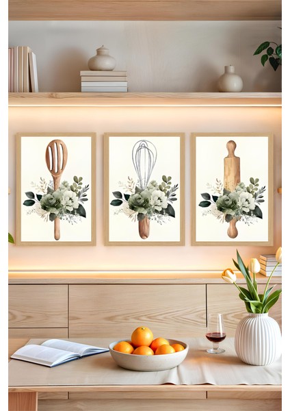 🥄 Mutfak Temalı 3'lü Çerçevesiz Tablo Seti – Ahşap Aksesuarlar ve Çiçek Armonisi 🍃 CRVS1047 13 x 17