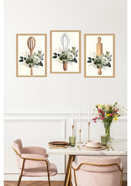 🥄 Mutfak Temalı 3'lü Çerçevesiz Tablo Seti – Ahşap Aksesuarlar ve Çiçek Armonisi 🍃 CRVS1047 13 x 17 fırsatları