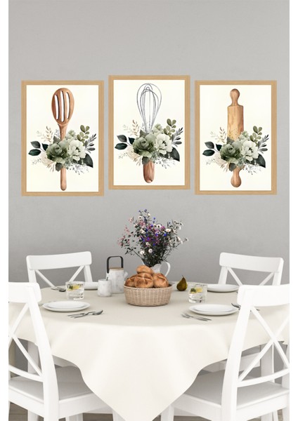 🥄 Mutfak Temalı 3'lü Çerçevesiz Tablo Seti – Ahşap Aksesuarlar ve Çiçek Armonisi 🍃 CRVS1047 13 x 17 indirimleri
