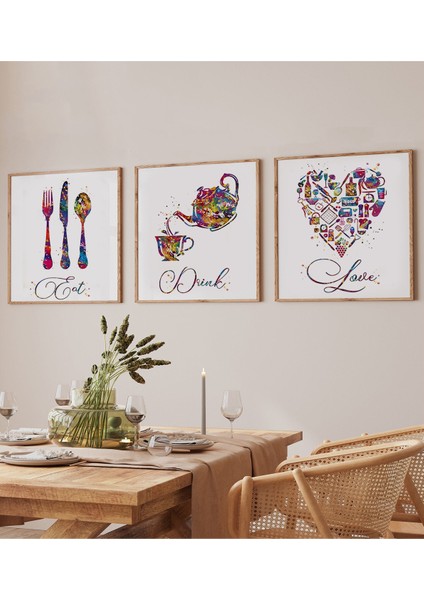 🌈 Eat, Drink, Love – Renkli Mutfak Temalı 3’lü Tablo Seti (Ebat Seçenekli) KR4062 23 x 23 fiyatları
