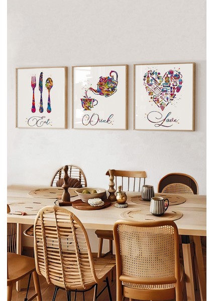 🌈 Eat, Drink, Love – Renkli Mutfak Temalı 3’lü Tablo Seti (Ebat Seçenekli) KR4062 23 x 23 modelleri