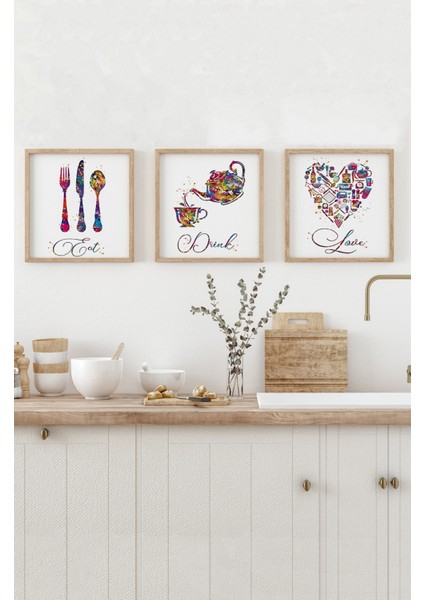 🌈 Eat, Drink, Love – Renkli Mutfak Temalı 3’lü Tablo Seti (Ebat Seçenekli) KR4062 23 x 23 fırsatları