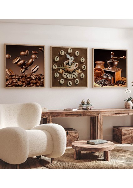 "3'lü Çerçeveli Kahve Temalı Duvar Tablosu ve Saat Seti – Mdf, Uv Baskı, Modern Dekor" 23 x 23 fiyatları