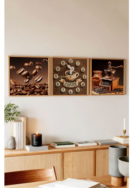 "3'lü Çerçeveli Kahve Temalı Duvar Tablosu ve Saat Seti – Mdf, Uv Baskı, Modern Dekor" 23 x 23 fırsatları