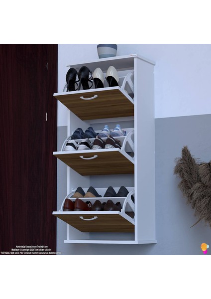 Uygar Ceviz Renk Asma Ayakkabılık Kapı Önü 3 Düşer Kapak 6 Göz Raf Bölme Ayakkabılık 52X115X25,5 cm modelleri