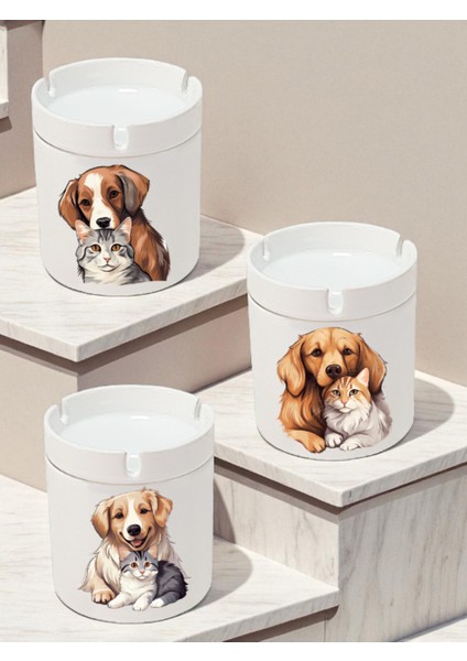 Tatlı Kedi Köpek Temalı 3'lü Küllük Modelleri - Kokusuz Küllükler, Seramik Kül Tablası