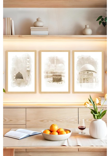 🕋 Üç Kutsal Mescid Mescid-I Haram, Mescid-I Nebevi ve Mescid-I Aksa (Çerçeve Efektli)🌙 CRVS1233 13 x 17