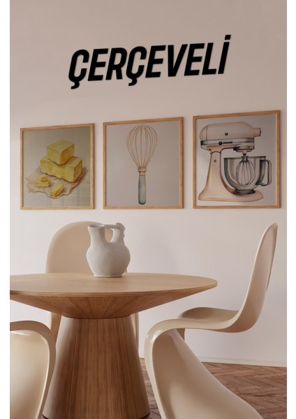 Mutfak Aletleri Temalı 3’lü Tablo Seti Mikser – Tereyağı – Çırpıcı Uv Baskı Mdf Çerçeveli KR4054 23 x 23
