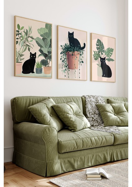 🖼️ Saksıdaki Siyah Kediler Temalı 3’lü Çerçeveli Dekoratif Tablo Seti 🌿🐈‍⬛ CRV1040 23 x 32