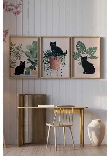 🖼️ Saksıdaki Siyah Kediler Temalı 3’lü Çerçeveli Dekoratif Tablo Seti 🌿🐈‍⬛ CRV1040 23 x 32 fiyatları